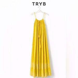 TRYB Yellow Maxi Dress w Adjustable Tassel Tie Embroidered Cotton XS Boho Resort